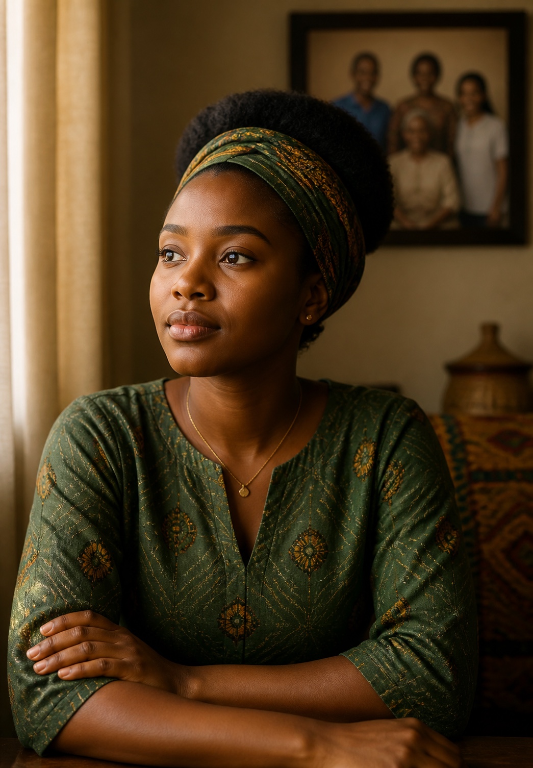 Young Black woman reflecting with quiet strength on a loved one's passing back home in Africa